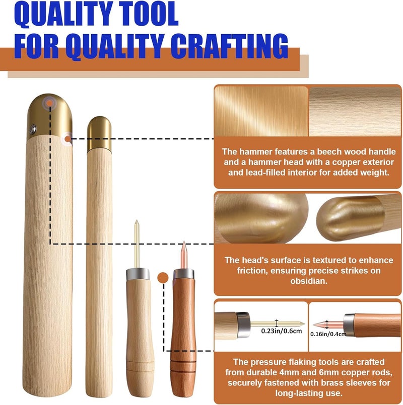 Krbnk Flint Knapping Kit with Copper Hammer - Complete Obsidian Crafting Tools Set for Beginners Includes 2 Copper Boppers, 2 Pressure Flakers, Safety Gloves, Goggles & Talc | Outdoor Flint Grinding Tools - Image 5